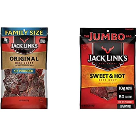 Jack Link S Beef Jerky  Original  Pounder Bag Flavorful Meat Snack  11g of Protein  80 Calories & Beef Jerky  Sweet & Hot  5.85 Oz. Size Bag Meat Snac