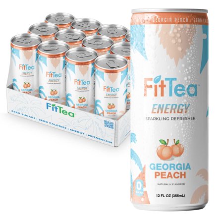 Fit Tea Healthy Energy Drink 12 Fl Oz - Georgia Peach Pre Workout Sparkling Refresher (12 Pack) Natural Green Tea Energy Drinks Sugar Free