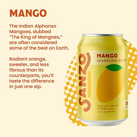 Sanzo Flavored Sparkling Water - Mango (Alphonso)  12-Pack - Carbonated Drink Made with Real Fruit & Sugar-Free - Non-GMO  Gluten-Free & Vegan - 12 Fl