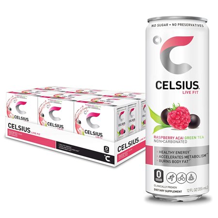 CELSIUS Essential Energy Drink 12 Fl Oz  Raspberry Acai Green Tea (Pack of 24)