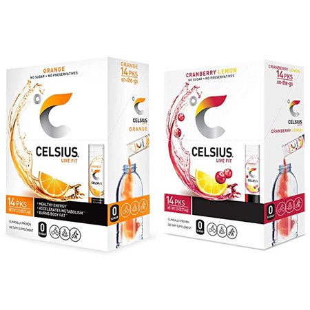 CELSIUS on-the-Go Powder Stick  Combo Pack of Orange and Cranberry Lemon  14 Pieces Assortment