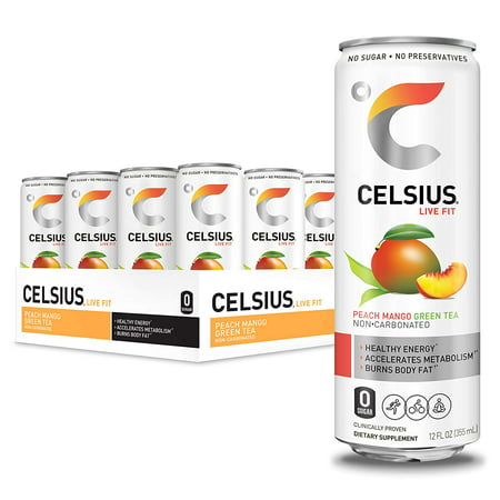 CELSIUS Peach Mango Green Tea Non-Carbonated Fitness Drink  Zero Sugar  12oz. Slim Can (Pack of 12)