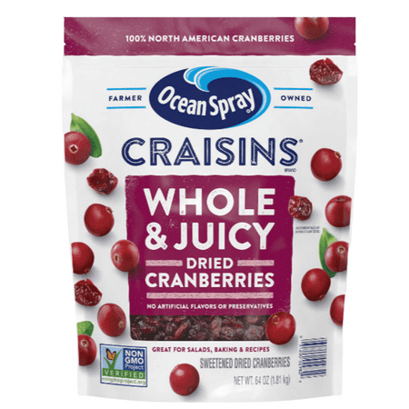 Ocean Spray Craisins Whole Dried Cranberries 64 Oz Resealable Pouch| Made with Real Fruits Non-GMO  No Artificial Flavors or Preservatives Great for C
