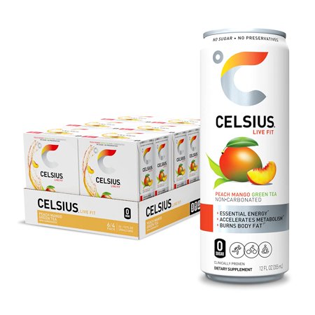 CELSIUS Essential Energy Drink 12 Fl Oz  Peach Mango Green Tea (Pack of 24)