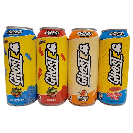 Ghost Energy Drink Cans  Variety Pack. Four Flavors Included Orange Cream  Swedish Fish  & Sour Patch KIds Blue Raspberry & Redberry. 16oz-Ready to Dr