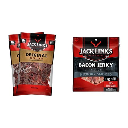 Jack Link’s Beef Jerky  Original  (2) 9 Oz. Bags – Great Everyday Snack  11g of Protein and 80 Calories & Bacon Jerky  Hickory Smoked  2.5 Oz. Bag