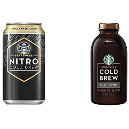Starbucks Nitro Cold Brew  Vanilla Sweet Cream 9.6 Fl Oz Can (8 Pack) & Cold Brew Coffee  Black Unsweetened  11 Oz Glass Bottles  6 Count
