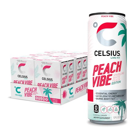 CELSIUS Essential Energy Drink  Sparkling Peach Vibe  12 Fl Oz (Pack of 24) - Packaging May Vary
