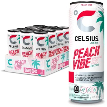 Celsius Essential Energy Drink  Sparkling Peach Vibe 12 Fl Oz (Pack of 12)