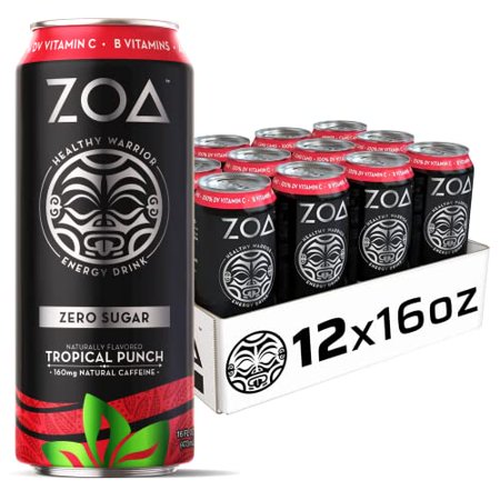 ZOA Zero Sugar Energy Drink - Tropical Punch 16 Fl Oz - Healthy Energy Drinks with B Vitamins  Amino Acids  Camu Camu  Electrolytes & Natural Clean Ca