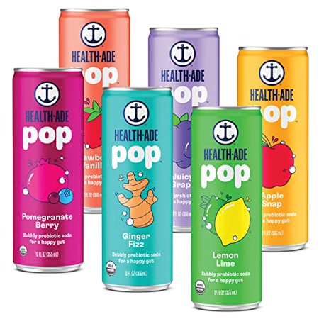 Health-Ade Pop Soda  Prebiotic Soda  Supports Gut Health  Fiber Rich  Seltzer Water with Real Fruit Juice  Low Natural Sugar  12 Pack (12 Fl Oz Cans) 