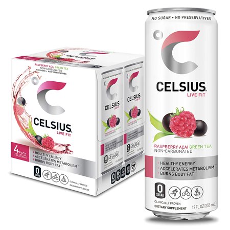 CELSIUS Essential Energy Drink 12 Fl Oz  Raspberry Acai Green Tea (Pack of 4)