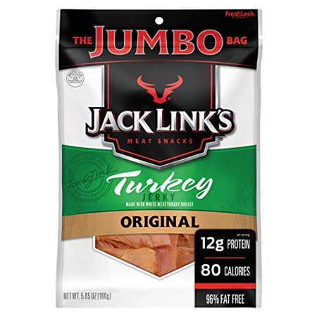 Jack Link’s Turkey Jerky  Original  5.85 Oz. Sharing Size Bag – Flavorful Meat Snack with 12g of Protein  80 Calories  Made with 100% Beef - 96% F