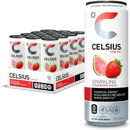 Celsius Essential Energy Drink 12 Fl Oz  Sparkling Strawberry Guava (Pack of 12)