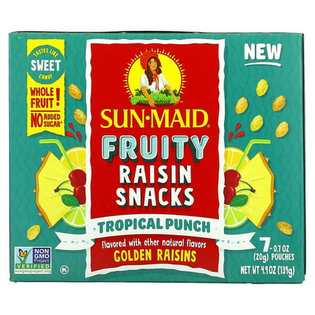 Sun-Maid  Fruity Raisin Snacks  Tropical Punch  7 Pouches  0.7 Oz (20 G) Each Pack of 2