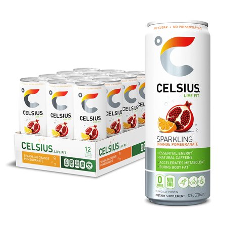 CELSIUS Sweetened with Stevia Sparkling Fitness Drink  Zero Sugar  Slim Can  Orange Pomegranate  144 Fl Oz (Pack of 12)