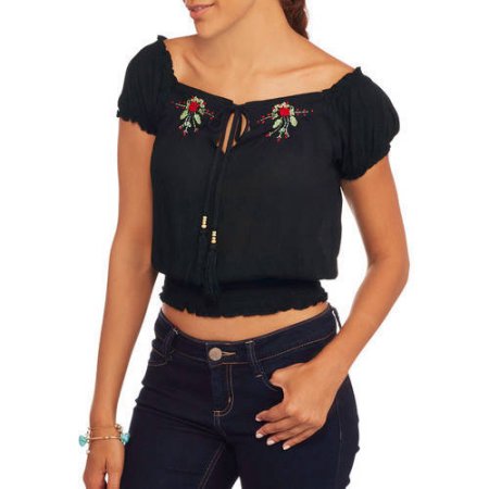Moral Fiber Juniors Short Sleeve Peasant Top with Embroidery