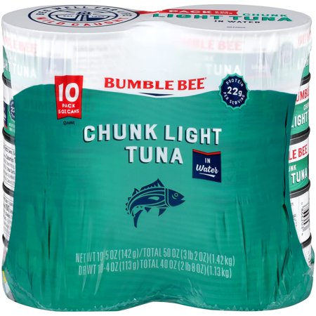 Bumble Bee Chunk Light Tuna in Water  5 Oz Cans (Pack of 10) - Wild Caught Tuna - 22g Protein per Serving - Non-GMO Project Verified  Gluten Free  Kos