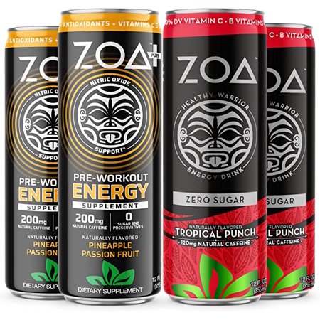 ZOA Sugar Free Energy Drink & Pre Workout Drink Bundle 12 Fl Oz  (24 Pack) | Pineapple Passion Fruit  Tropical Punch