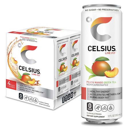 CELSIUS Essential Energy Drink 12 Fl Oz  Peach Mango Green Tea (Pack of 4)