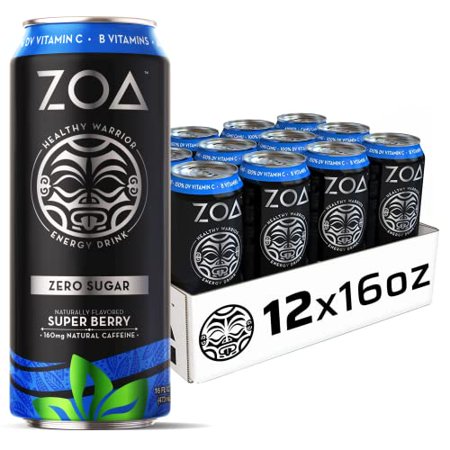 ZOA Zero Sugar Energy Drink - Super Berry 16 Fl Oz - Healthy Energy Drinks with B Vitamins  Amino Acids  Camu Camu  Electrolytes & Natural Clean Caffe