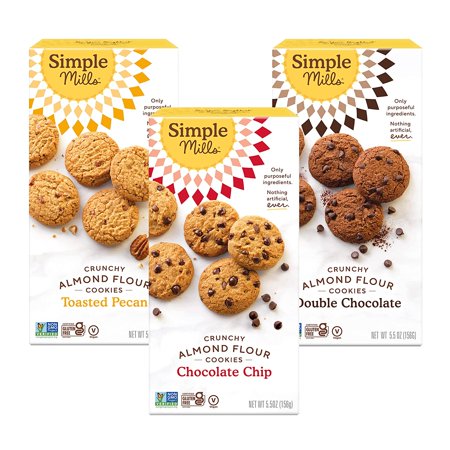 Simple Mills Almond Flour Crunchy Cookies 3 Flavors  Chocolate Chip  Double Chocolate Chip  Toasted Pecan  Gluten Free  Vegan  5.5 Oz. Box Each (Pack 