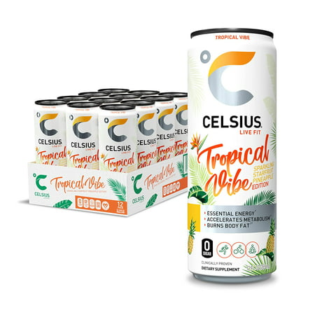CELSIUS Essential Energy Drink 12 Fl Oz  Sparkling Tropical Vibe (Pack of 12)