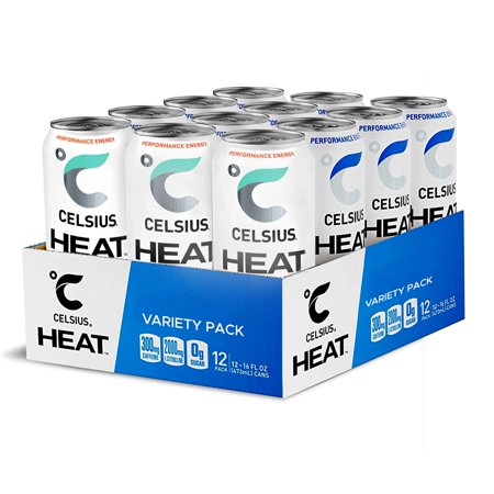 CELSIUS HEAT Performance Energy Drink 2-Flavor Variety of Blueberry Pomegranate and Tango Mango  Zero Sugar  16oz. Can  12 Pack