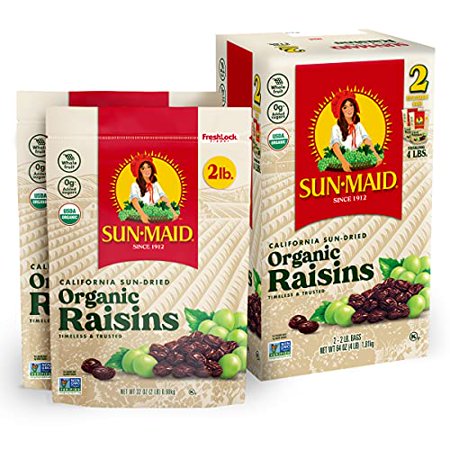 Sun-Maid Organic California Raisins Snack |Whole Natural Dried Fruit | No Sugar Added | Naturally Gluten Free | Non-GMO | Vegan and Vegetarian Friendl