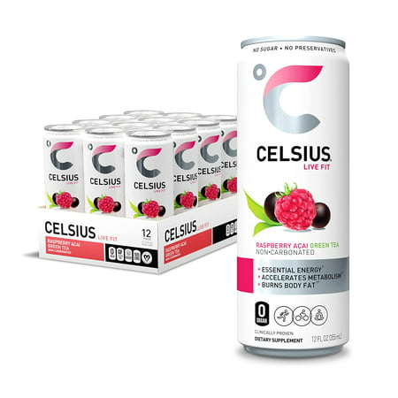 CELSIUS Essential Energy Drink  Raspberry Acai Green Tea  12 Fl Oz (Pack of 12)
