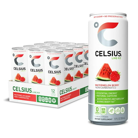 CELSIUS Sweetened with Stevia Watermelon Berry Non-Carbonated Fitness Drink  Zero Sugar  12oz. Slim Can (Pack of 12)