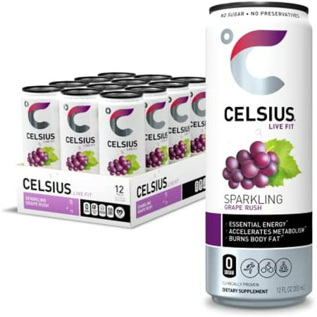 Celsius Essential Energy Drink 12 Fl Oz  Sparkling Grape Rush (Pack of 12)