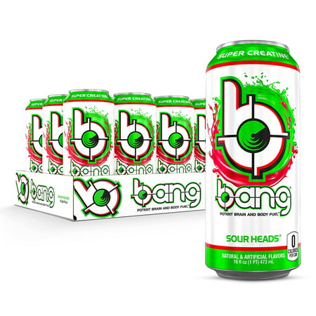 Bang Sour Heads Energy Drink  0 Calories  Sugar Free with Super Creatine  16 Fl Oz (Pack of 12)