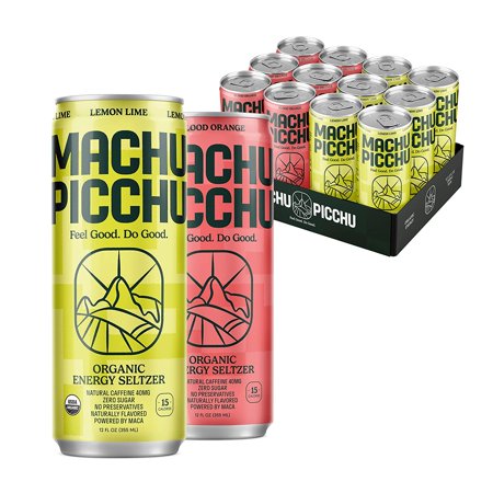 MACHU PICCHU Organic Energy Drink Seltzer Sugar Free  12 Fl Oz (Pack of 12) Natural Caffeine Energy Drink  2 Flavor Pack  Lemon Lime & Blood Orange