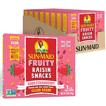 Sun-Maid Fruity Raisins Snacks for Kids | Sour Strawberry | .7 Ounce Pouches | Pack of 8 Boxes with 7 Pouches Each | Whole Natural Dried Fruit | No Ar