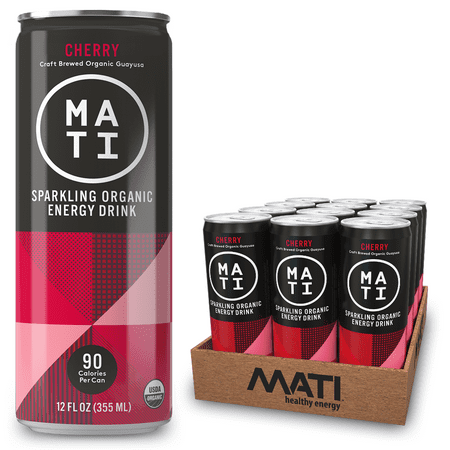 MATI Sparkling Organic Healthy Energy Drink  All Natural Craft Brewed Guayusa  No Added Sugar  Naturally Sweet  Cherry  12 Fl Oz Cans (Pack of 12) Pla
