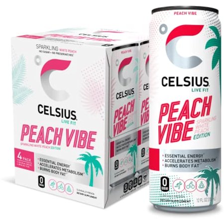 Celsius Essential Energy Drink 12 Fl Oz  Sparkling Peach Vibe (Pack of 4)