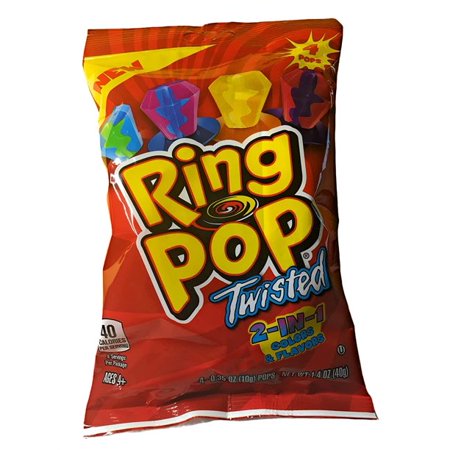 1.4 Oz Bag Ring Pop Twisted 2-in-1 Colors and Flavors Candy Rings Flavors Include: Berry Blast  Cherry Berry  Citrus Craze and Blue Raspberry Watermel