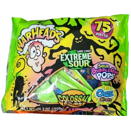 Warheads Extreme Sour Hard Candy 75 Counts Sour Bubble Gum Pops Ooze Chewz Colossal Sours Halloween Mixed Bag  14.2oz - 1 Pack