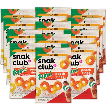 Snak Club Tajin Peach Rings  Sweet and Spicy Gummy Snacks  2.5 Oz. Bags (Pack of 12)