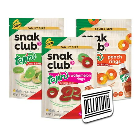 Gummy Rings Bundle. Includes Three-11 Oz Family Size Bags of Snak Club Tajin Gummy Rings and a BELLATAVO Ref Magnet. One of Each Flavors of Gummy Ring