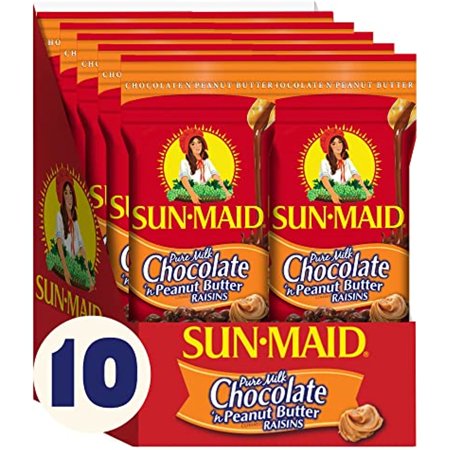 Sun-Maid Chocolate Covered Raisins Snacks  Pure Milk Chocolate N Peanut Butter Raisins  2 Oz Individual Single Serve Bags (Pack of 10)