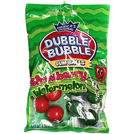 Dubble Bubble (1) Bag Strawberry and Watermelon Flavored Gum Balls Red & Striped Green Colors - Peanut & Gluten Free - 4 Oz