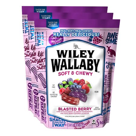 Wiley Wallaby Blasted Berry Soft & Chewy Licorice Candy Twists  10 Oz. Bags (Pack of 3)