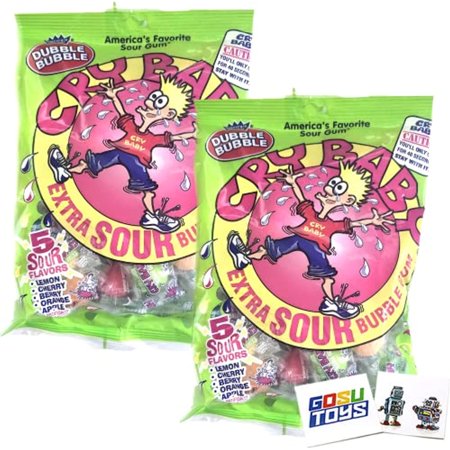 Dubble Bubble Cry Baby Extra Sour Bubble Gum Assorted Bag (2 Pack) with 2 Gosutoys Stickers