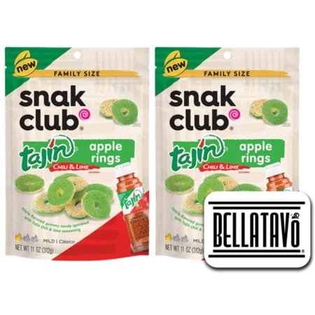 Apple Rings Gummy Candy Bundle. Includes Two-11 Oz Family Size Bags of Snak Club Tajin Apple Rings Plus a BELLATAVO Fridge Magnet. Snak Club Tajin Sea