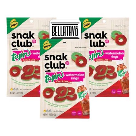 Watermelon Gummy Rings Bundle. Includes Three-5 Oz Bags of Snak Club Tajin Watermelon Rings and a BELLATAVO Fridge Magnet. Snak Club Tajin Watermelon 