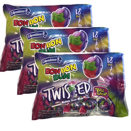 Bon Bon Bum Twisted Assorted Lollipop Fruity Flavor with Bubble Gum  18ct Candy Sucker Great for Snacking Movie Night Candy Bowl Goodies Bag Filler Ch