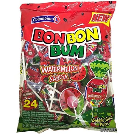 Colombina Bon Bon Bum Watermelon Bubble Gum Lollipops 24 per Bag 2 Pack