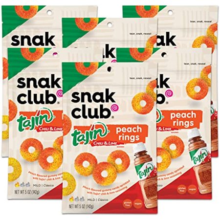 Snak Club Tajin Peach Rings  Sweet and Spicy Gummy Snacks  5Oz Resealable Bag  6 Count